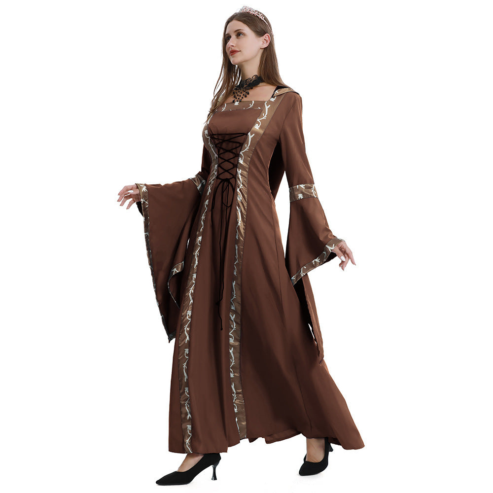 5XL Castle Queen Halloween Retro Medieval Hooded Dress Square Neck Lace-Up Swing Skirt Stage Performance