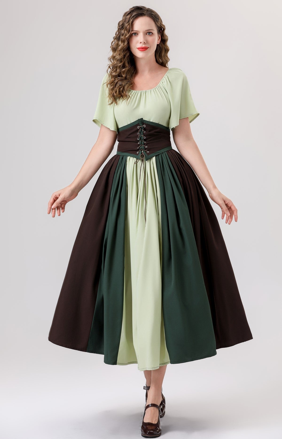 European and American New Arrivals: Medieval Retro Color-Blocking Dress with Flutter Sleeves, Tie-Waist, and Large Hem, Suitable for Masquerade Ball Performance