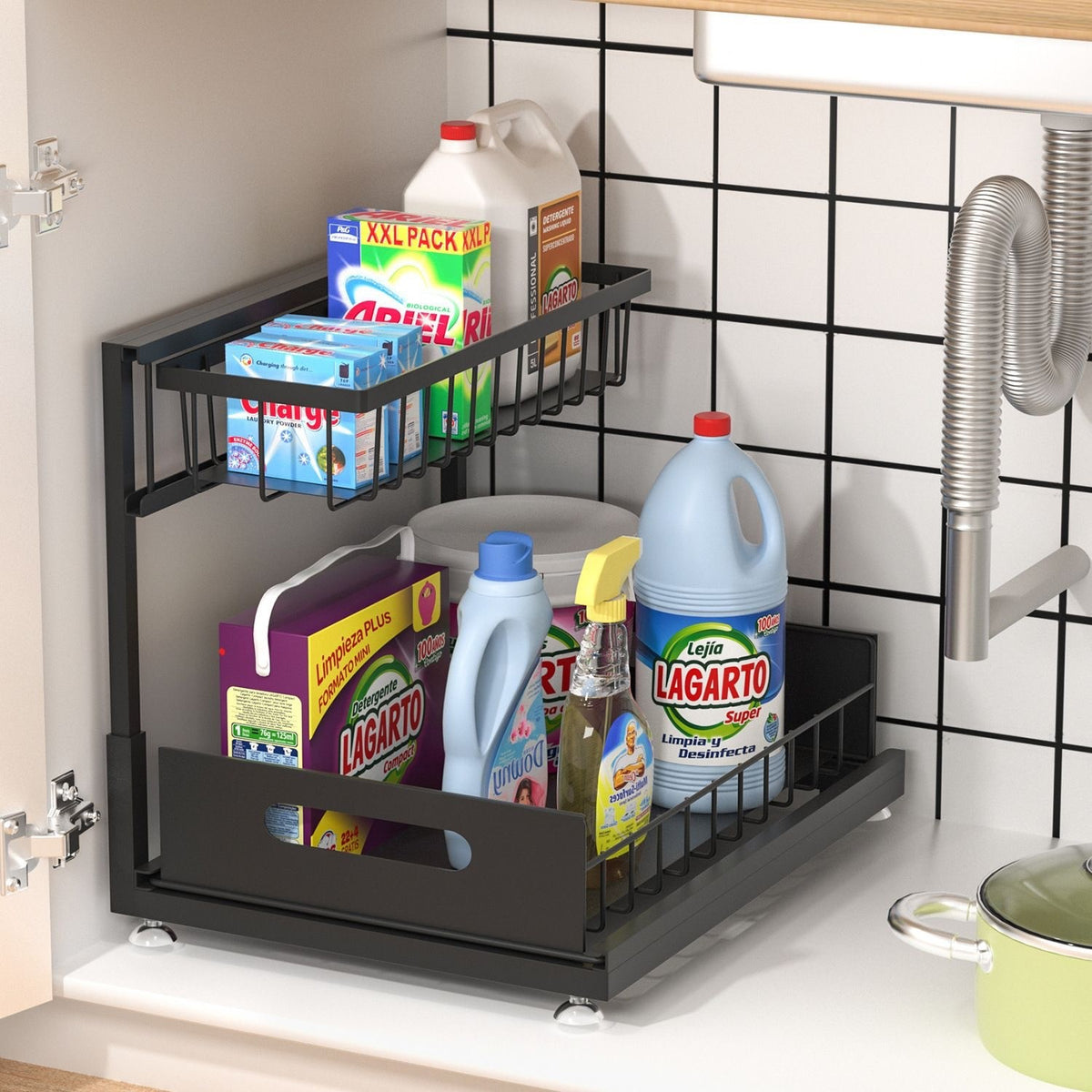 Cross-Border Kitchen Under-Sink Storage Rack Countertop Drawer-Type Storage Rack Seasoning Rack Under-Sink Storage Pull-Out Basket