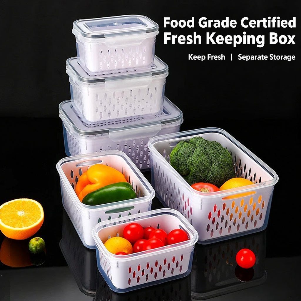 Fcm Food-Grade Certified Fresh-Keeping Box with Lid, Food-Grade Refrigerator Special Sealing Ring with Drain Basket for Kitchen Storage