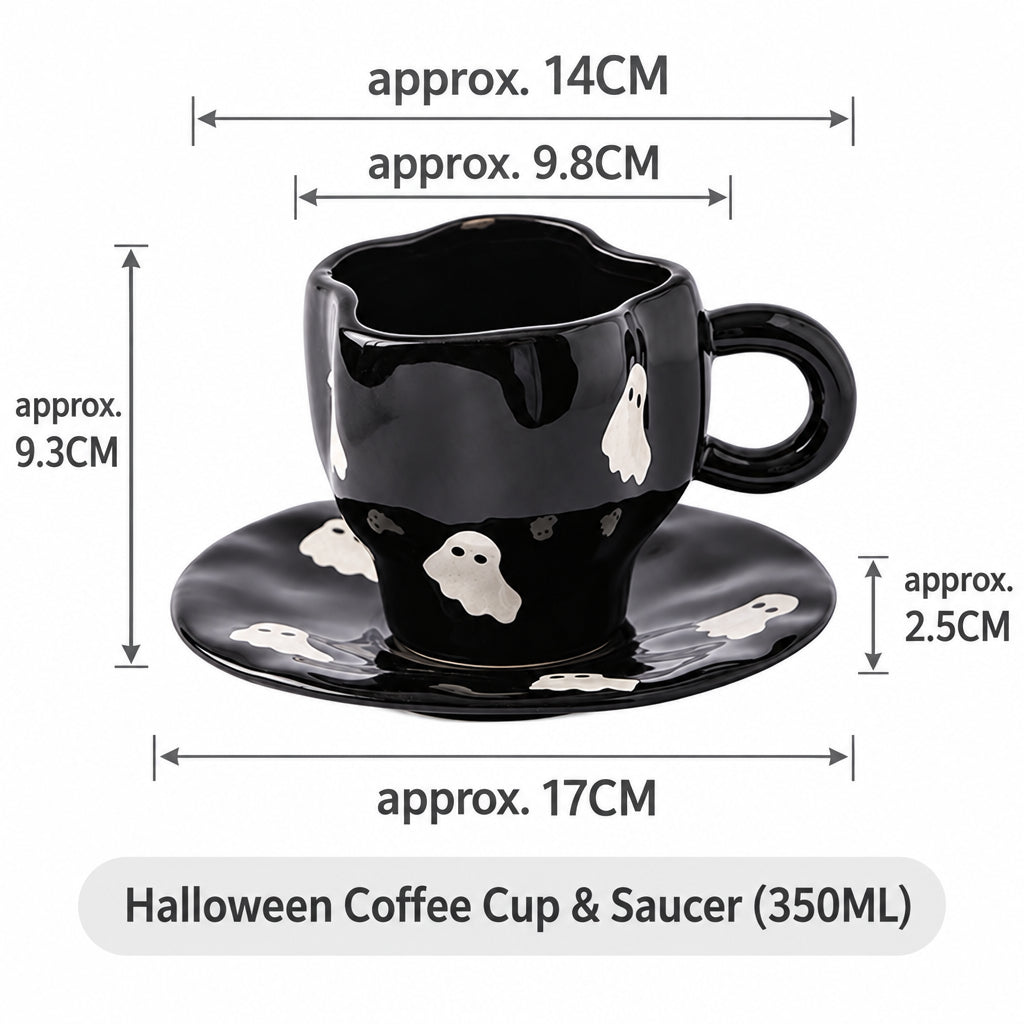 Creative Halloween-Themed Ceramic Cup and Saucer, Irregular Personalized Coffee Cup and Saucer with Pumpkin and Bat Patterns