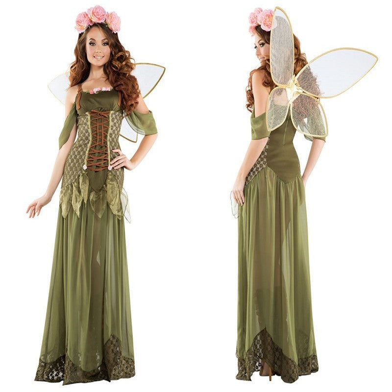 Halloween New Costume Forest Green Elf Flower Fairy Princess Angel Long Dress Ds Performance Costume