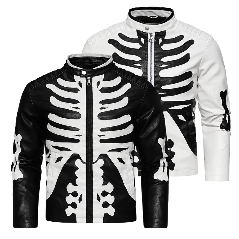Spring Autumn Winter Men's Leather Coat Halloween Human Bone Row Pu Leather Jacket Skull Party Performance Costume Trendy Men's Jacket