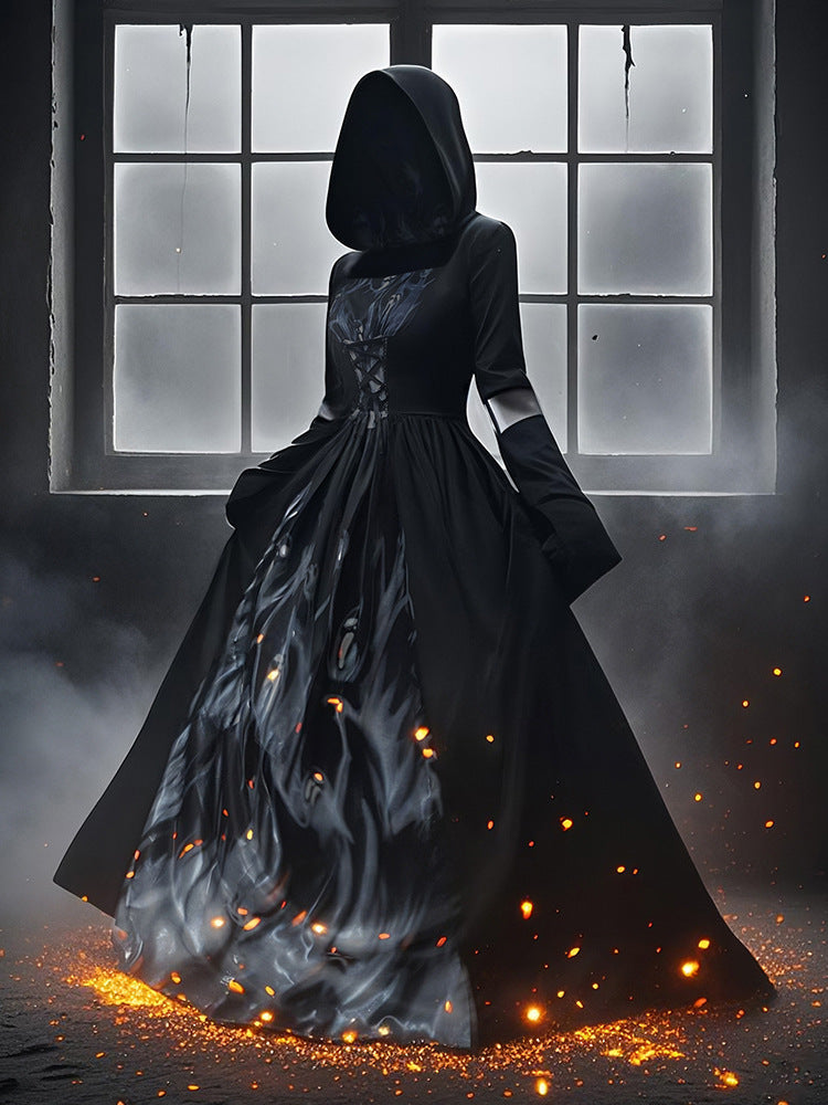 New Halloween Witch Dress Hooded Skeleton Witch Magician Cosplay Stage Performance Costume