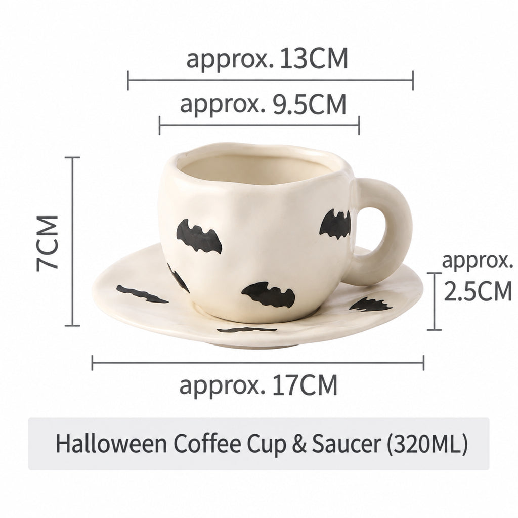 Creative Halloween-Themed Ceramic Cup and Saucer, Irregular Personalized Coffee Cup and Saucer with Pumpkin and Bat Patterns