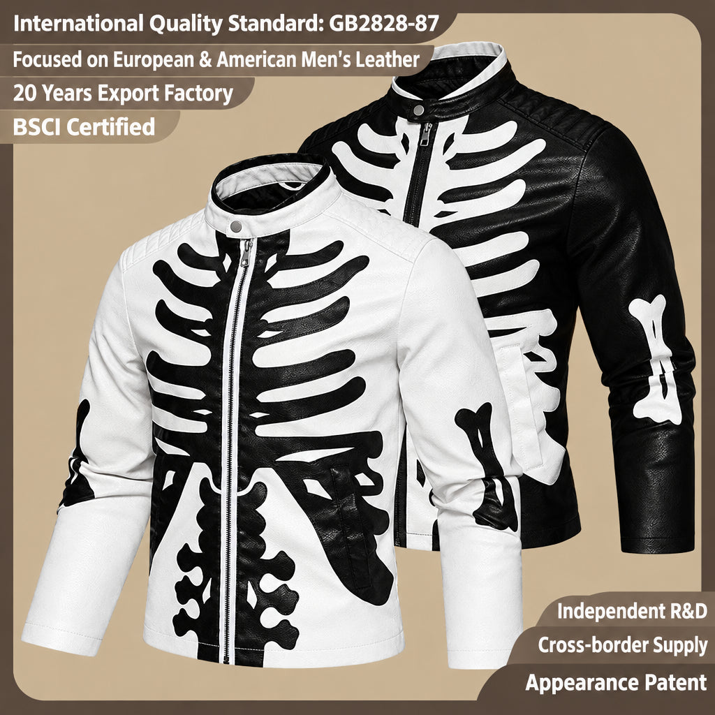 Spring Autumn Winter Men's Leather Coat Halloween Human Bone Row Pu Leather Jacket Skull Party Performance Costume Trendy Men's Jacket