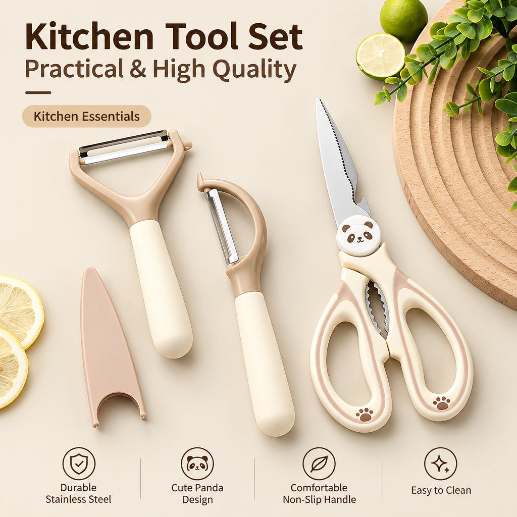 Kitchen Scissors Milk Coffee Color Panda Scissors Multifunctional Chicken Bone Scissors Stainless Steel Household Scissors Fruit Peeling Knife Set