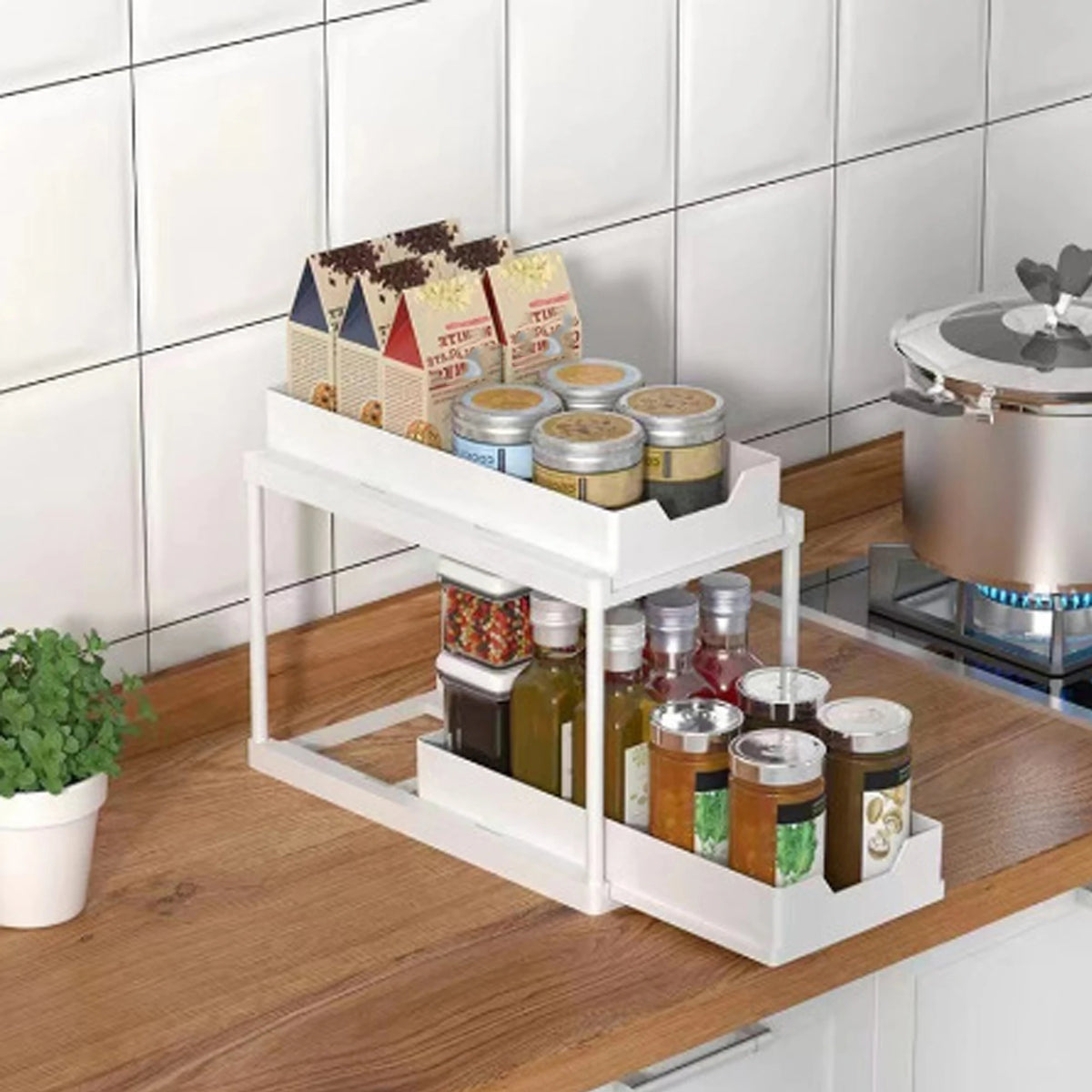 2-Tier Pull Out Under Sink Storage Rack Multifunctional Drawer Organizer Kitchen Bathroom Countertop Cleaning Supplies Storage