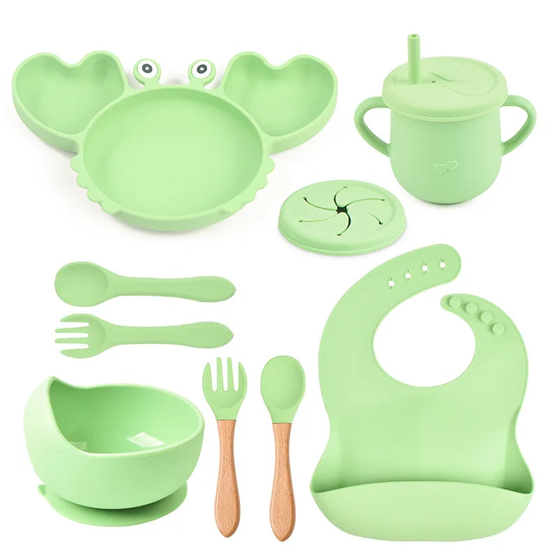 9Pcs Baby Silicone Non-Slip Suction Bowl Plate Spoon Waterproof Bib Cup Set, Baby Crab Dishes, Food Feeding Bowl for Kids, BPA Free
