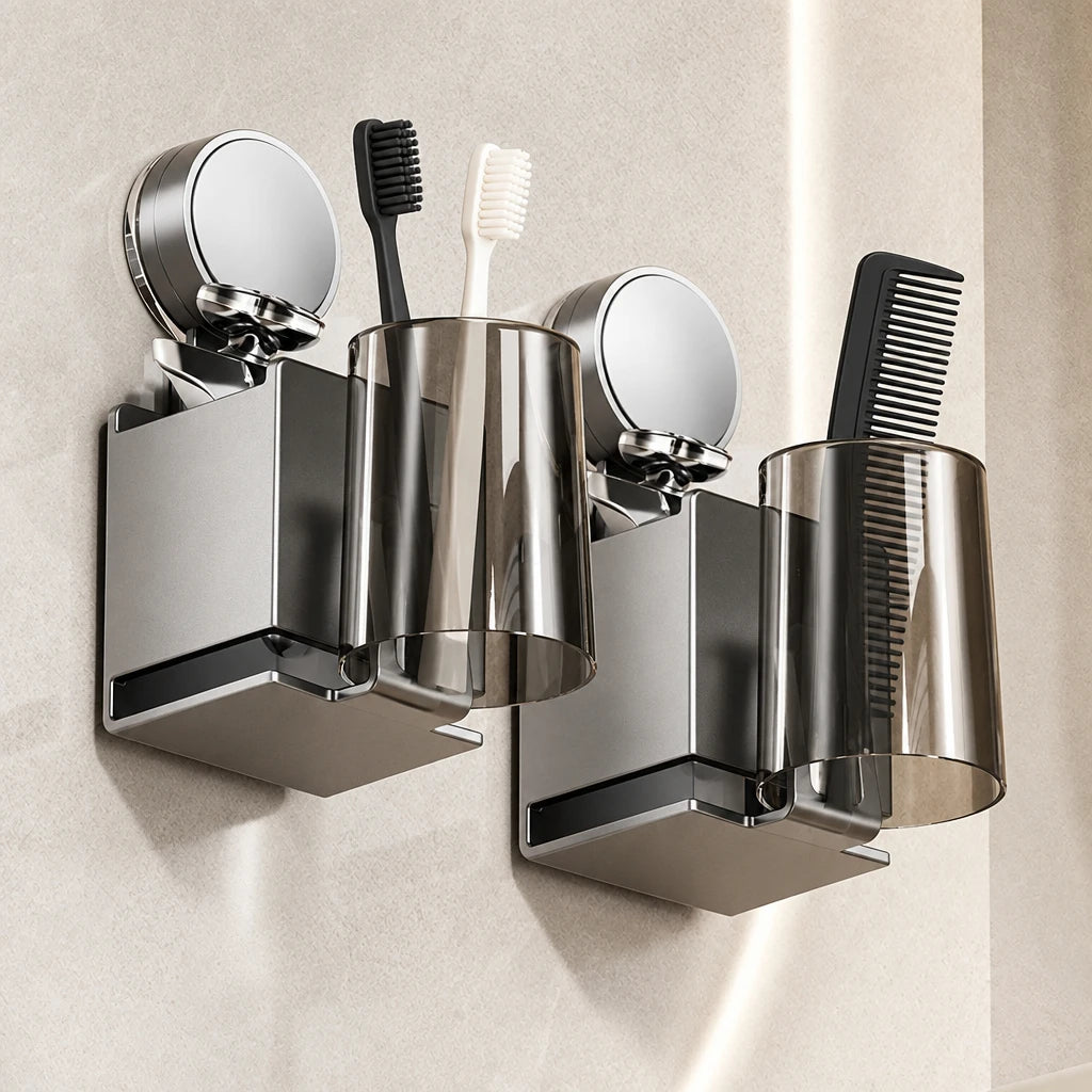 Suction Cup Toothbrush Holder With Squeezer Perforation-free Bathroom Shelf Mouthwash Cup Toothbrush Holder