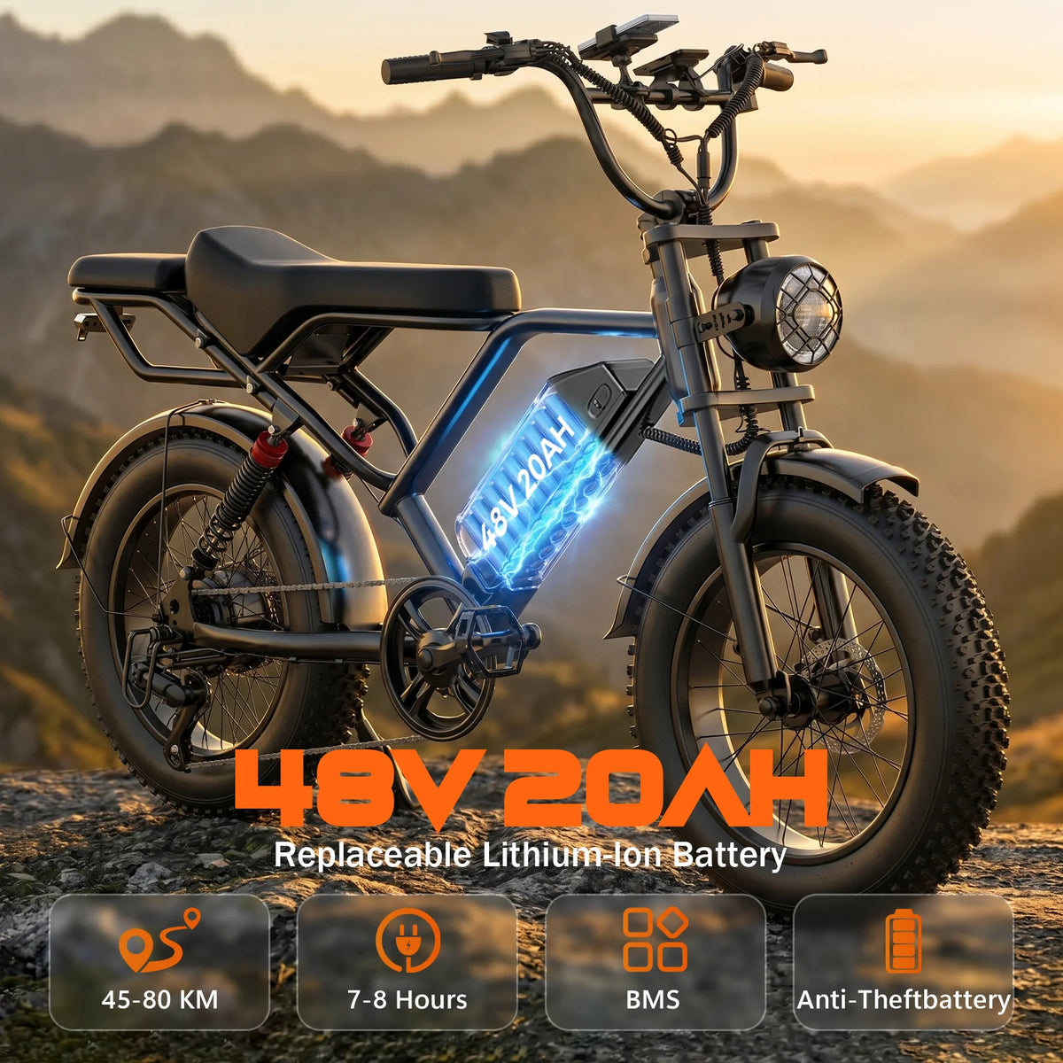 Bicicletta Elettrica HEADEER BK20 con Batteria al Litio 48V20Ah, Autonomia Massima 80Km, Pneumatici Fat da 20 Pollici per Fuoristrada, E-Bike All-Terrain con APP