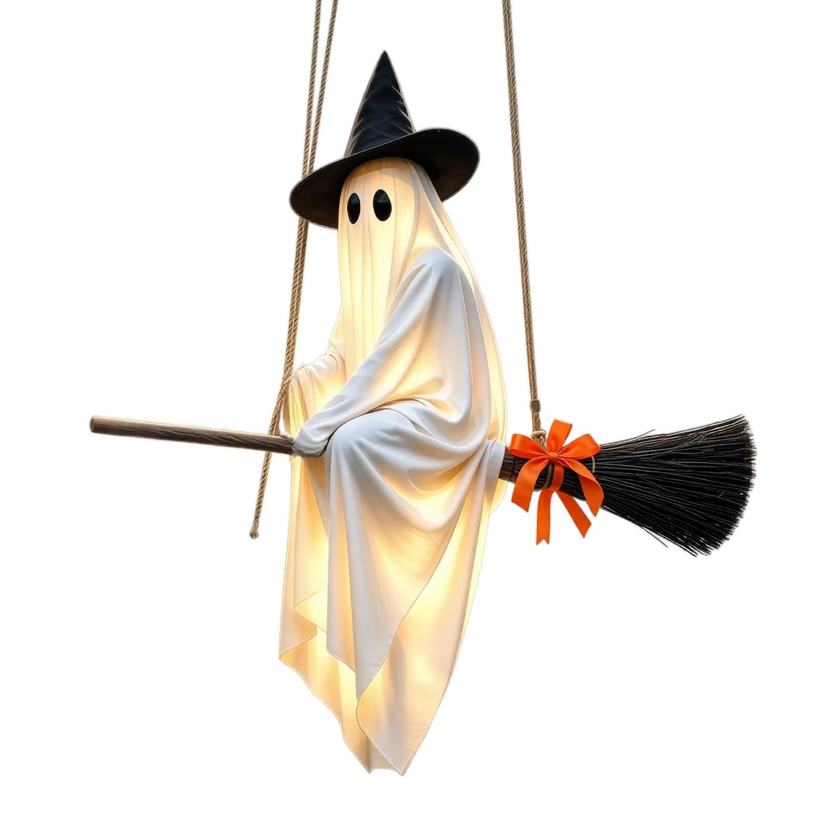 Halloween Porch Decor Glowing Swinging Ghost Prop Halloween Hanging Swing Ghost Decoration with Witch Hat Light-up for Yard