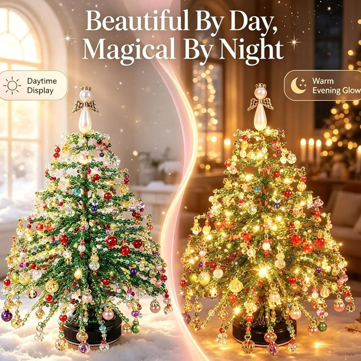 DIY Beaded Christmas Tree Kit 3D Crystal Bead Holiday Craft Set for Adults Colorful Beads Tabletop Tree Ornament Charms DIY Gift