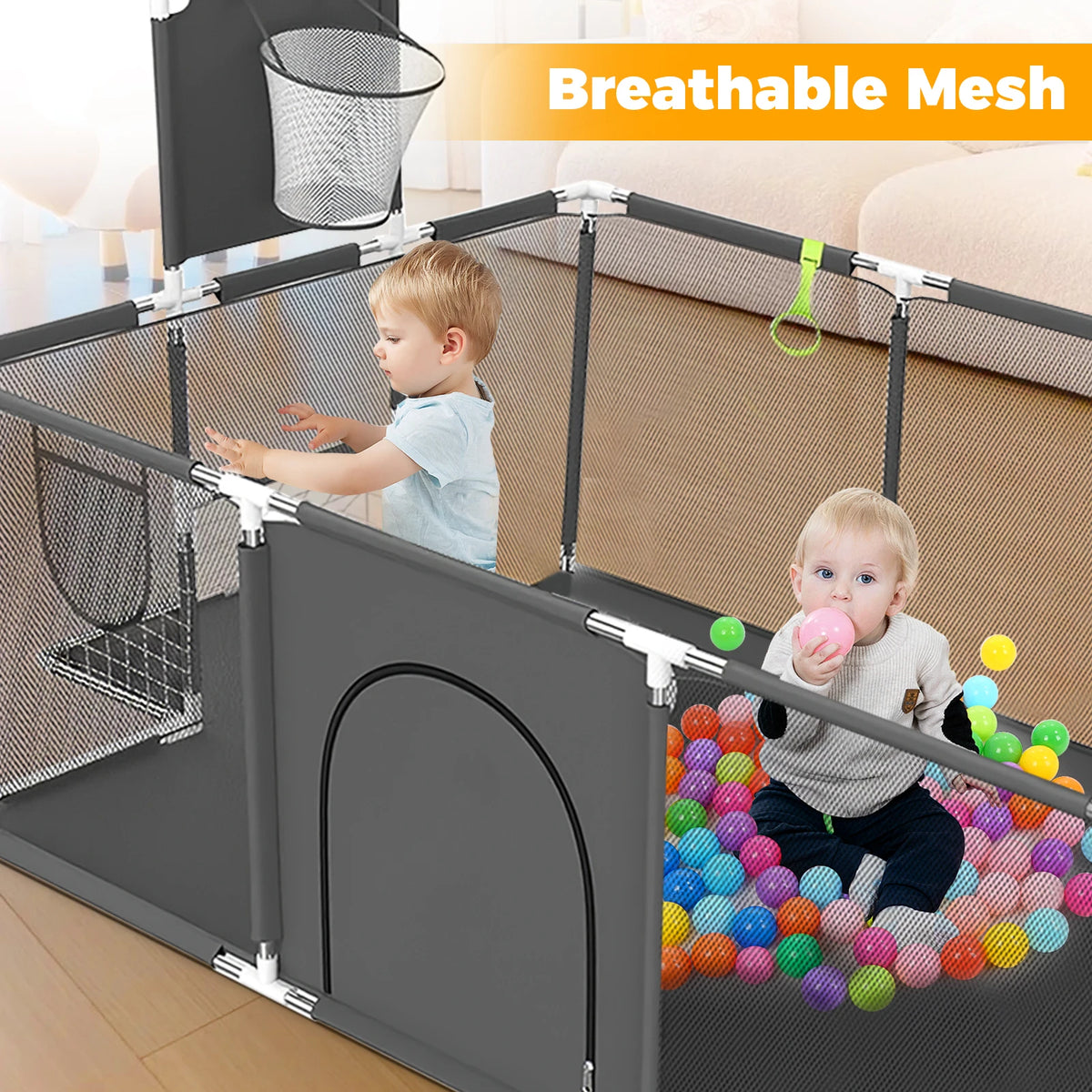 Baby Playpen with Breathable Net, with Basketball Basket and Football Frame, Foldable Activity Centre For Baby, 182 x 122 cm