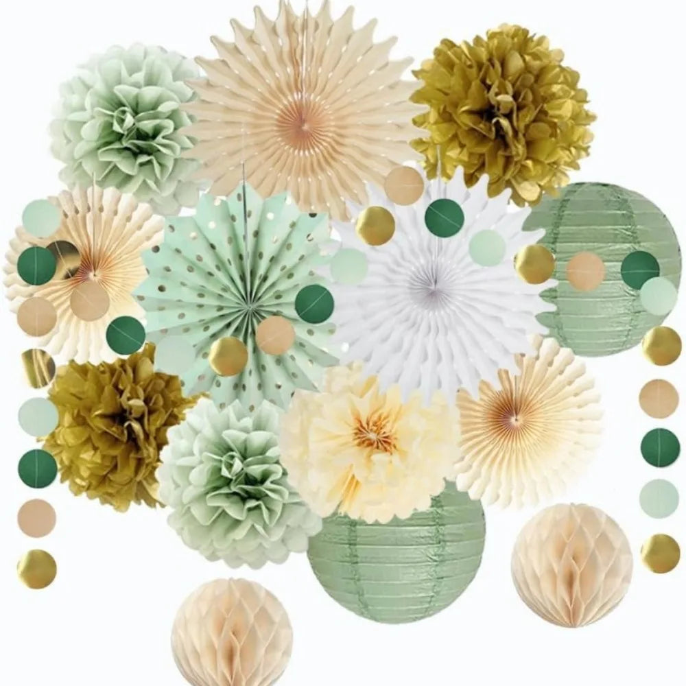 Green Birthday Party Decorations Paper Banner Circle Garland Hanging Swirl Paper Fans Lanterns Gold Balloons for Party Decor