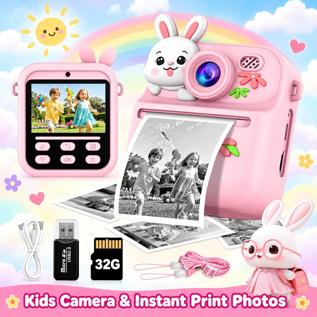 Mini 58mm Thermal Printer Kis Digital Camera HD1080P Instant Print Photos Video Recording Machine 32G SDCard for Children Gifts