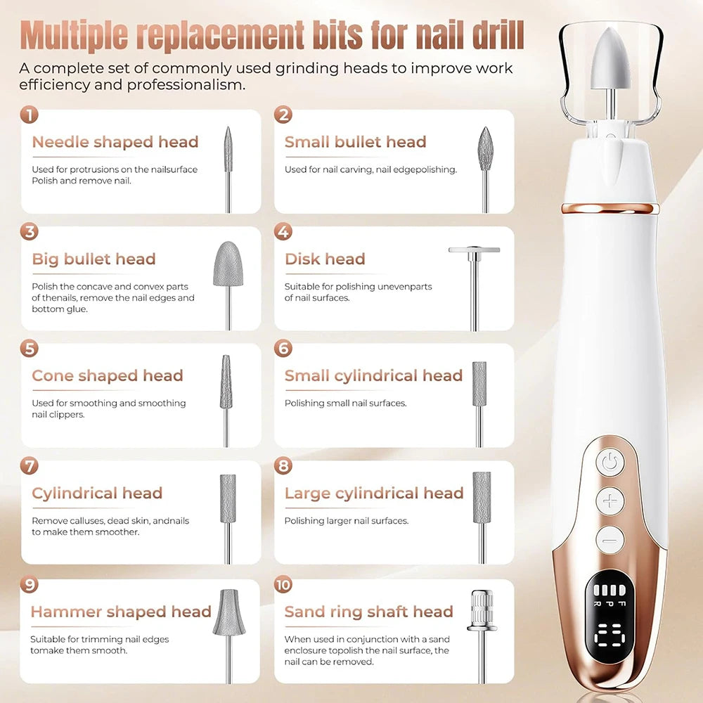 Professional Manicure Pedicure Kit Electric Nail File Set Cordless Nail Drill Machine 10 Speed Nail Tool for Grind Trim Polish