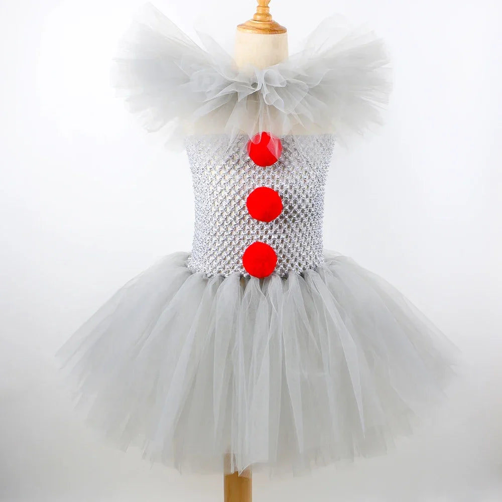 Halloween Pennywise Costume for Kids Creepy Clown Gray Joker Tutu Dress Outfit Girls Fancy Carnival Party Tulle Dress Up Clothes