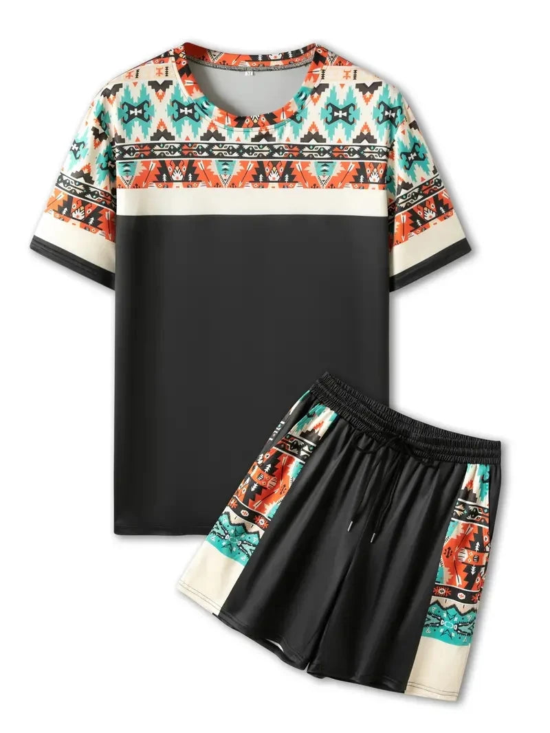 New Men's Two-Piece Plaid Print Fashion Men's Suit Summer O-Collar Short-Sleeved Polo Shirt + Shorts Two-Piece Men's Suit