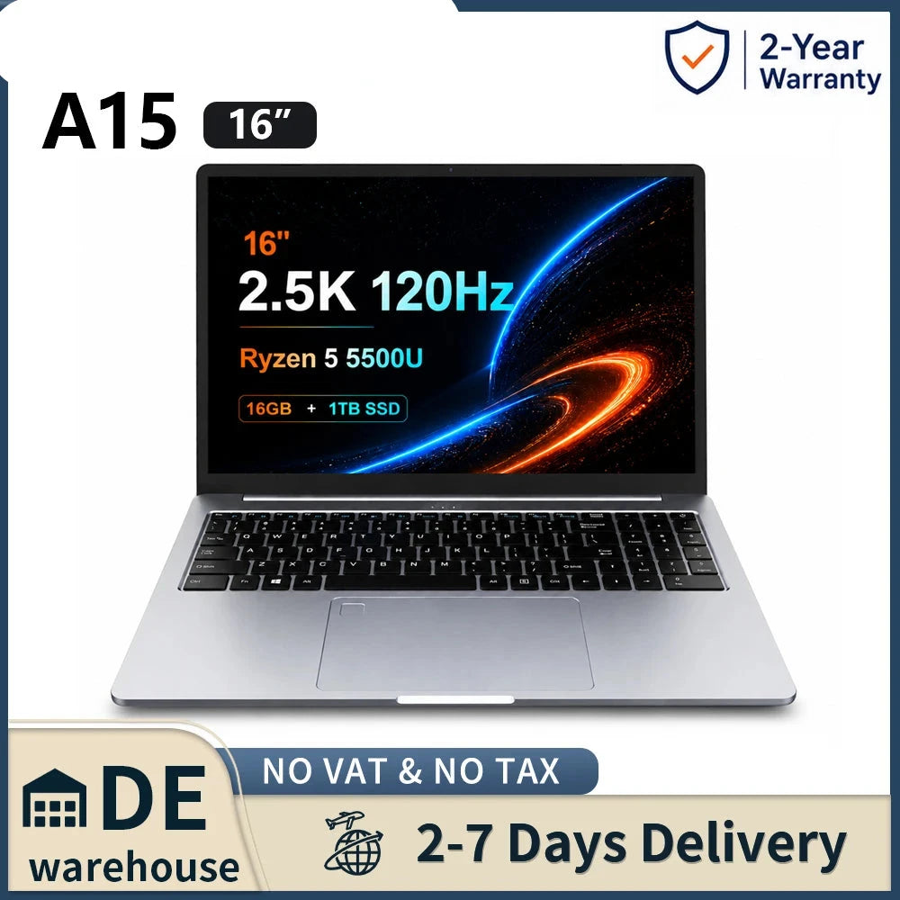 Ninkear A15 Pro Laptop AMD Ryzen 5 5500U 16GB RAM 1TB SSD 16-inch 2.5K 120Hz IPS Metal Body Windows 11 WiFi6 Fingerprint Business Office Gaming Notebook Portable Computer
