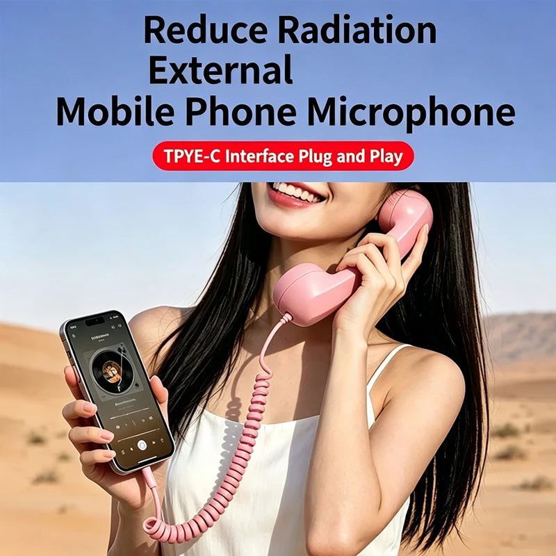 Retro Mobile Phone Handset Headphone Type-C Tangle Free Wire Landline Handle Receiver Telephone Style Handheld Phone Receiver