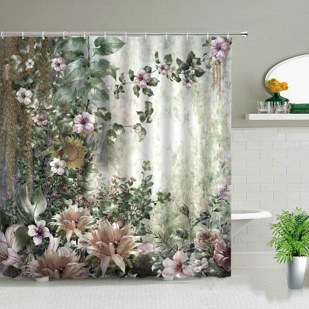 Rose Butterfly White Flower Shower Curtain Floral Print Waterproof Polyester Bathroom Curtain Fabric For Bathtub Decoration