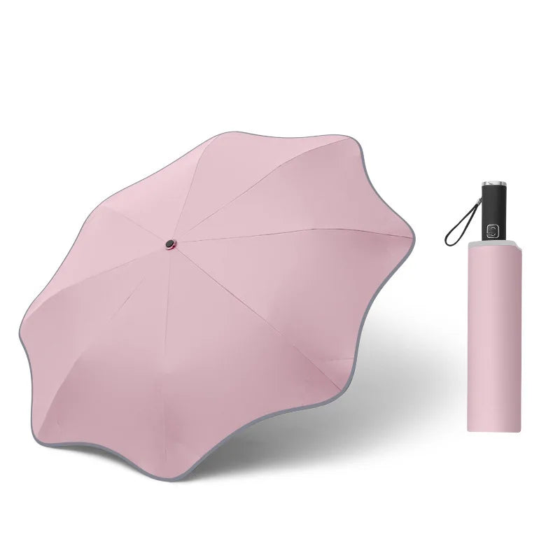 Creative Three-fold Automatic Rounded Corner Umbrella with Reflective Edges Rain or Shine Fully Automatic Vinyl Umbrella