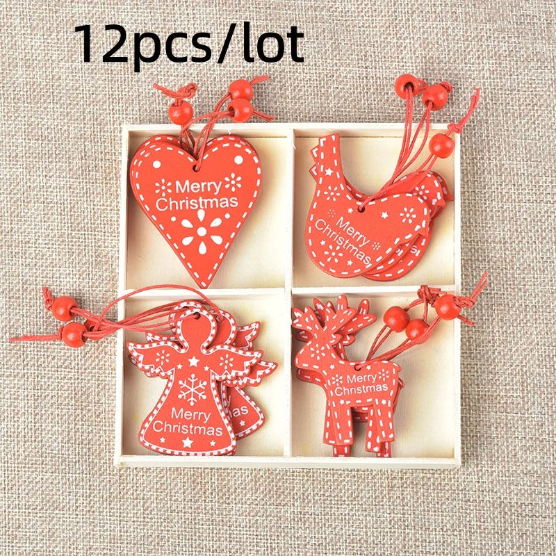 12Pcs/lot Merry Christmas Tree Decoration Wooden Hanging Pendant elk bells snowflake Xmas Ornaments New Year Home Decor Gifts