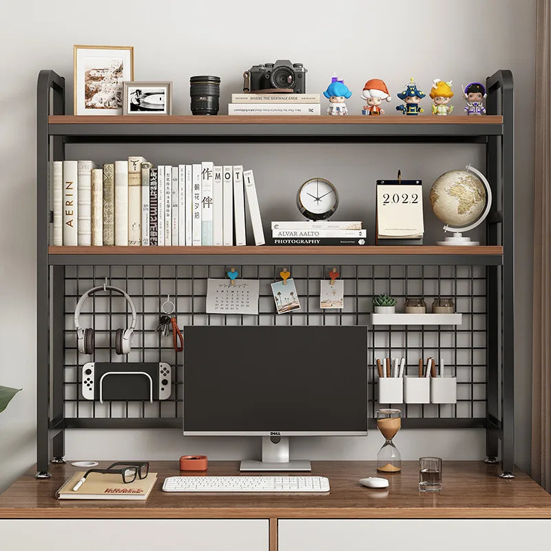 Bookcase With Grid Bookshelf Desktop Multi-layer Wrought Iron Shelf Student Computer Desk Table Hole Board Table Wooden Shelves