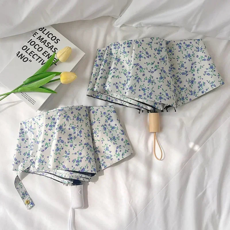 New 1 Piece of Small Blue Floral Umbrella, Gentle Style, Sun Protection, Three - Fold Automatic Umbrella for All Weather