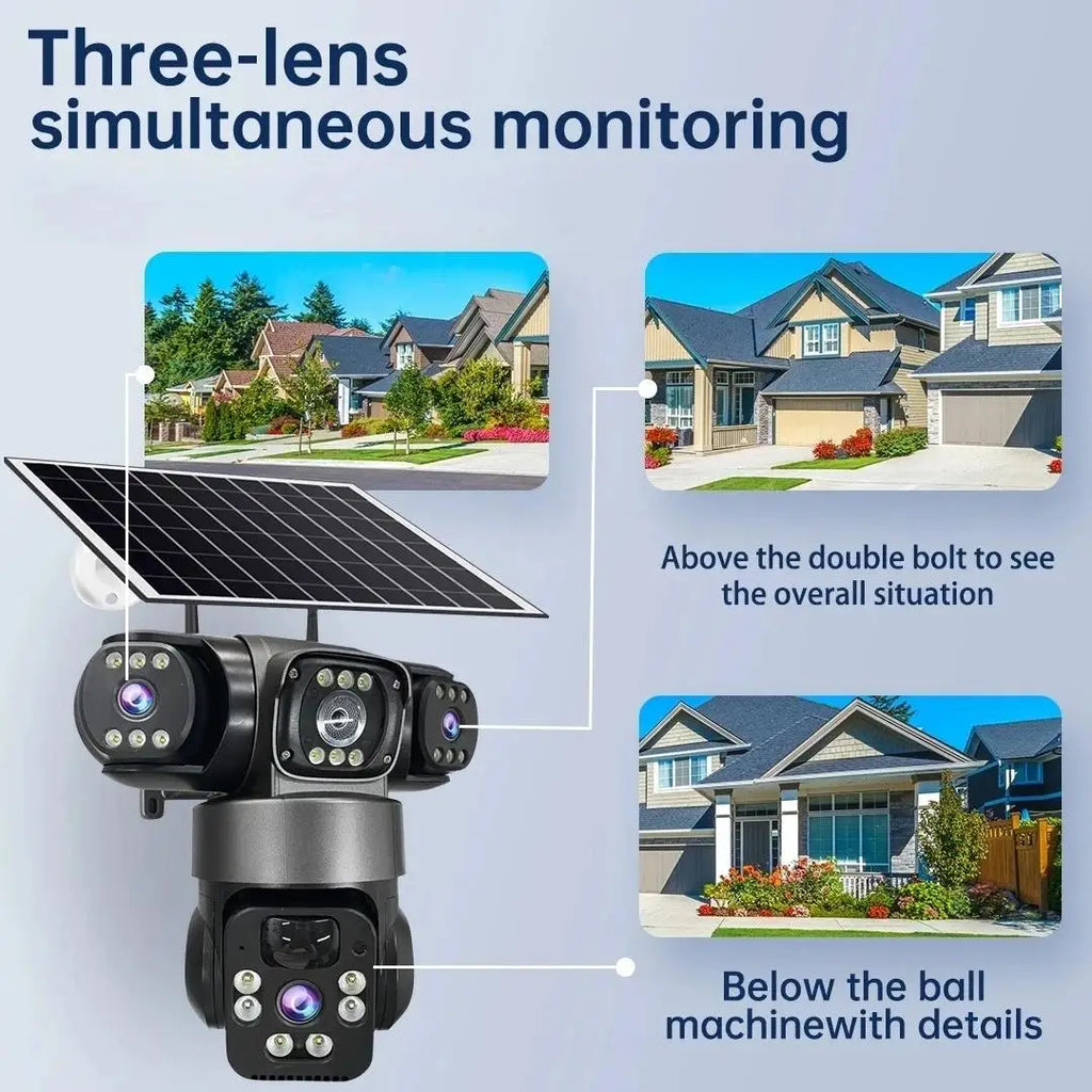15MP 8K Three Lens PTZ IP Camera Outdoor HD Three Screen WIFI Camera Solar Camera PIR Auto Tracking Built-in Battery Camera