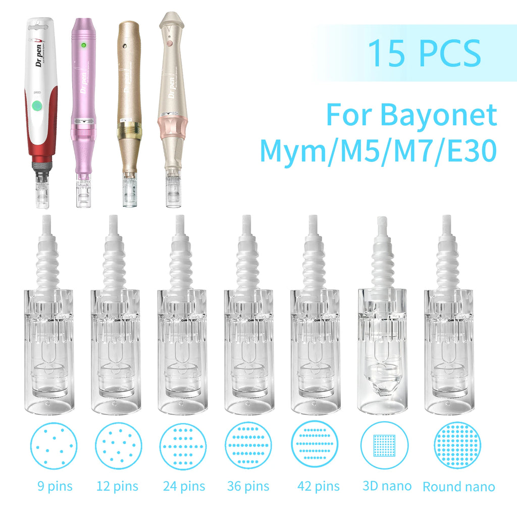 15Pcs Dr Pen Microneedle Cartridge Use for N2/M5/M7/E30, 9/12/24/36/42Pin&Round/Square Nano Use for Facial Needle Length 0.25mm