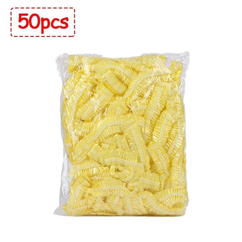 50/100/200pcs Disposable Shower Cap Elastic Plastic Wrap Covers Food Non-woven Bath Hat Waterproof Shower Cap Kitchen Products
