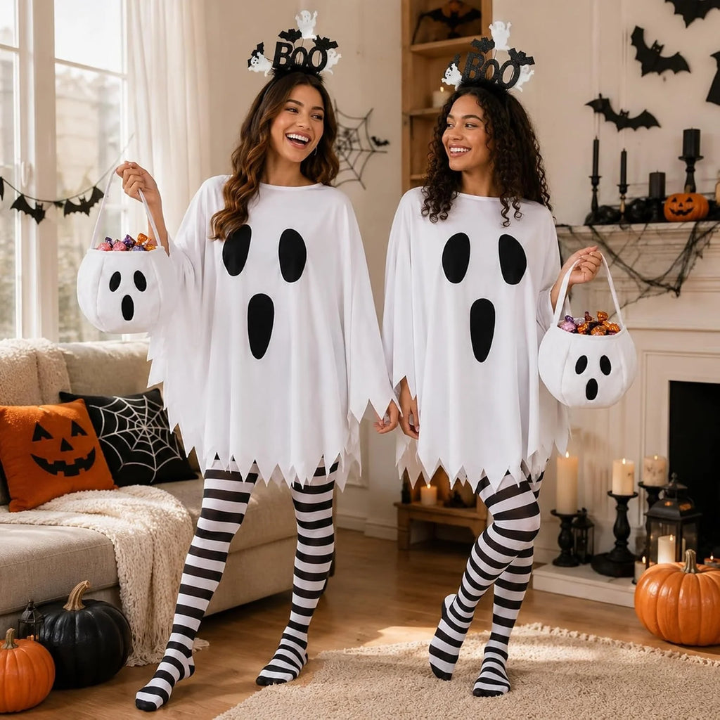 Halloween Ghost Costumes for Women Adult Ghost Poncho/Headband/Stripe Tights/Bag,Easy Halloween Costumes for Cosplay Party