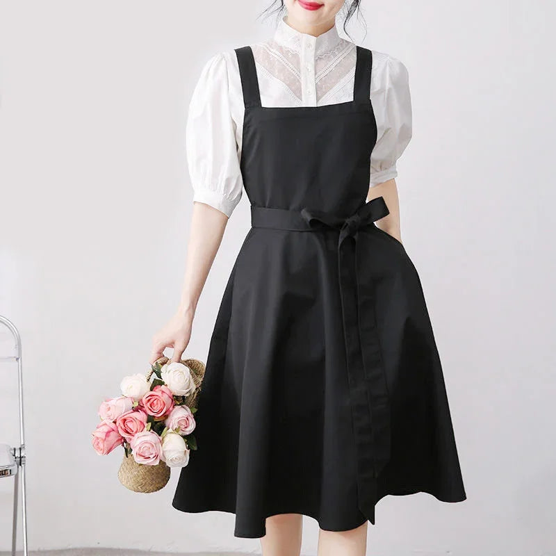Women Cotton Cross Back Apron With Pockets Gardening Work Pinafore Dress Kitchen Cooking Bib Painting Nail Florist Salon Smock