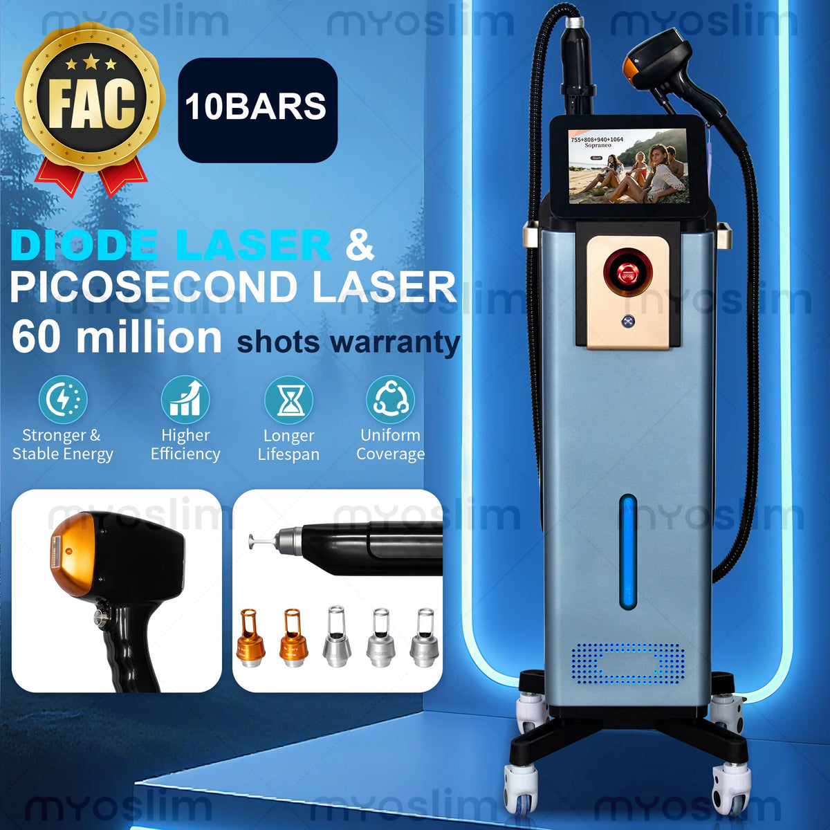 Diode Hair Removal 4 Wavelengths  Pico Tattoo Removal Machine  755nm  FAC Collimation Ice Cooling System Foldable Touch