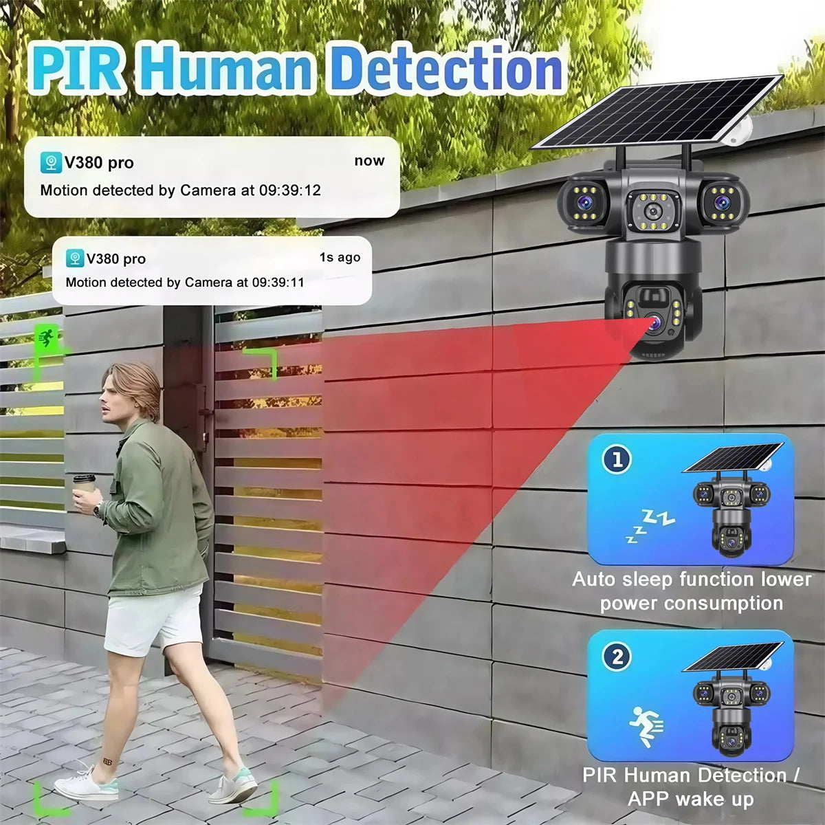 15MP 8K Three Lens PTZ IP Camera Outdoor HD Three Screen WIFI Camera Solar Camera PIR Auto Tracking Built-in Battery Camera