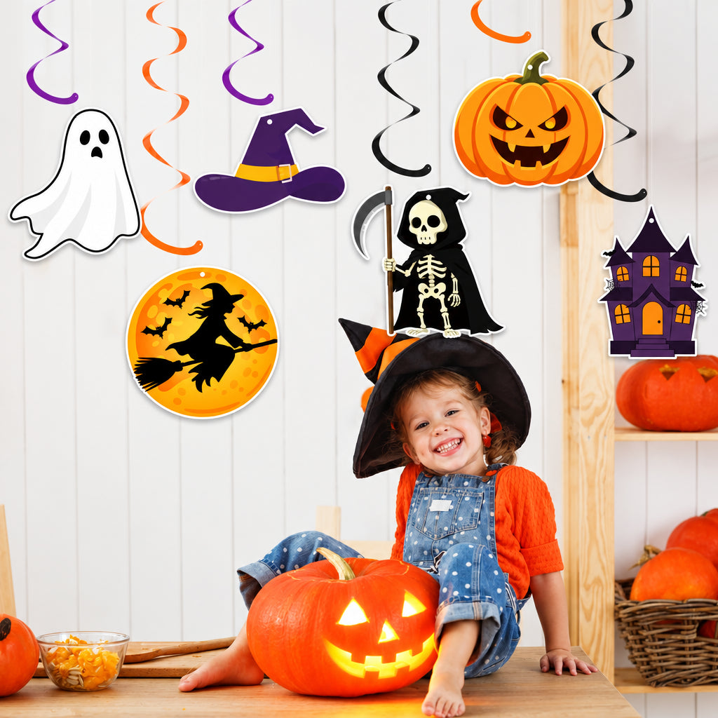 Halloween Party Decor Set Happy Pumpkin Banner Hanging Swirls Cake Topper Witch Ghost Castle Home Halloween Ornaments Supplies