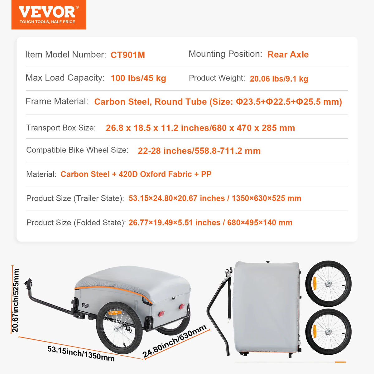 SucceBuy 100lbs Bike Cargo Trailer Foldable Bicycle Wagon Cart with Waterproof Cover & Safe Reflectors Fits 22"-28" Bike Wheels