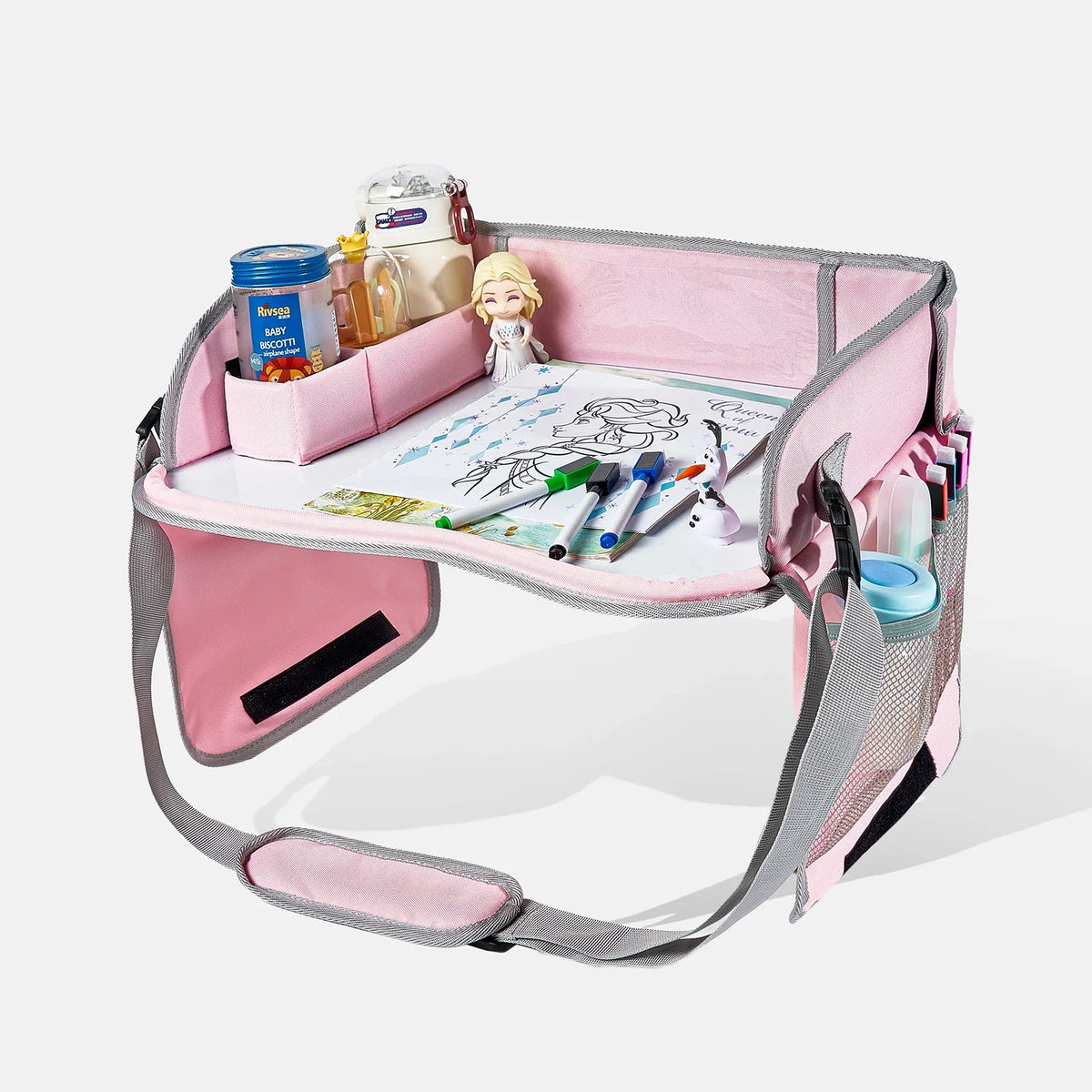 Tavolo da viaggio portatile per seggiolino auto per bambini, vassoio impermeabile per giochi, snack e disegno, organizer con spazio di archiviazione