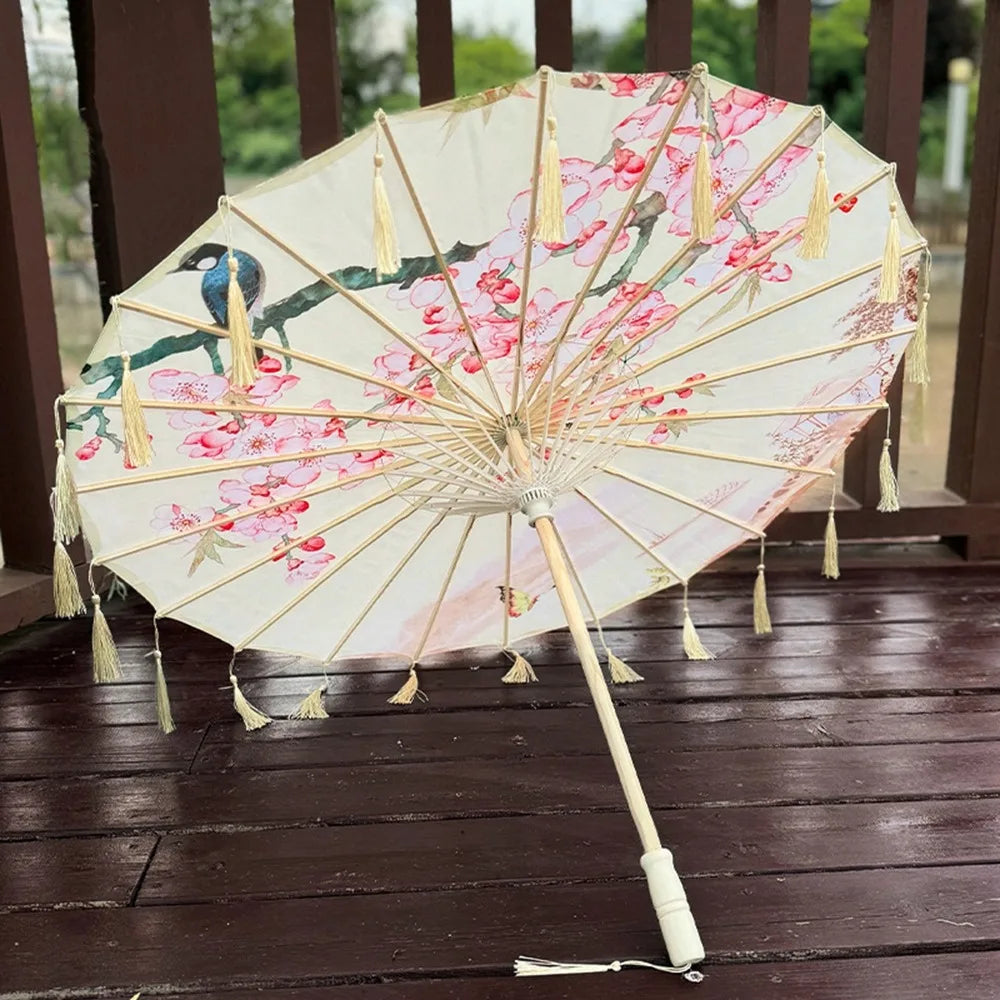 70cm Silk Fabric Tassel Umbrella Handheld Chinese Style Ancient Dance Umbrella Rainproof Decorative Classical Oil Paper Umbrella