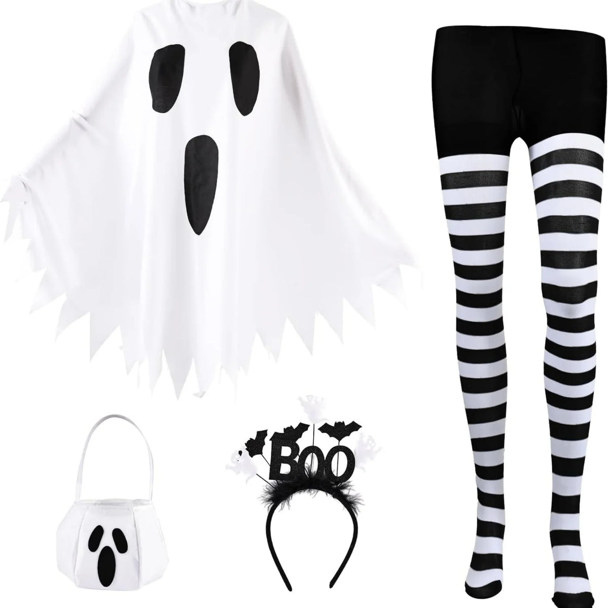 Halloween Ghost Costumes for Women Adult Ghost Poncho/Headband/Stripe Tights/Bag,Easy Halloween Costumes for Cosplay Party