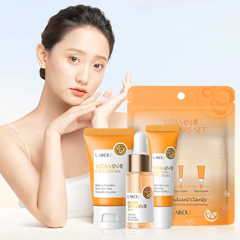 LAIKOU Vitamin C Skin Care Sets 3pcs Face Cream Serum Eye Cream Moisturizing Anti-Wrinkle Facial Care Kit