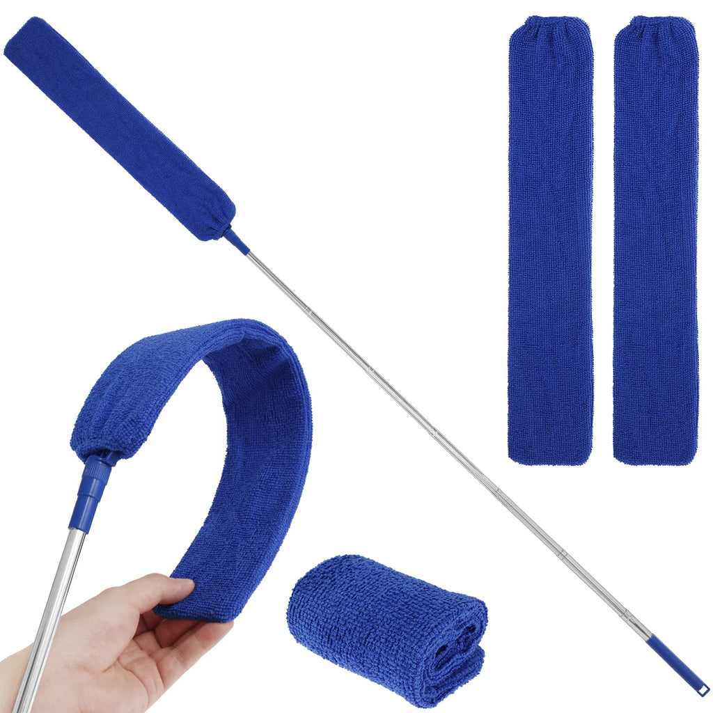 Spolverino estensibile per fessure, spazzola in microfibra per polvere, spolverino flessibile a testa piatta con manico allungabile e panno di rivestimento.
