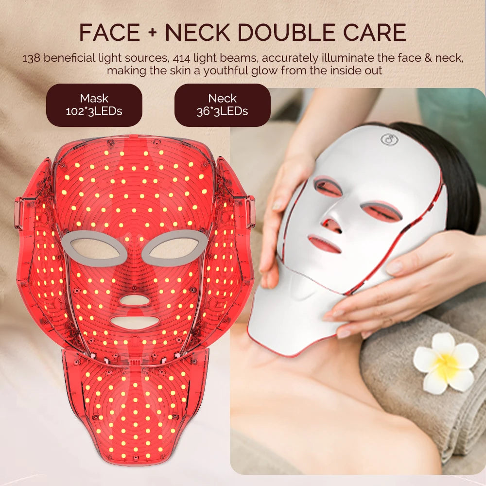 LED Facial Mask with Neck 7 Colors Light Therapy Red Light Facial Mask for Anti-Aging Rejuvenation Brighten Skin Beauty Device