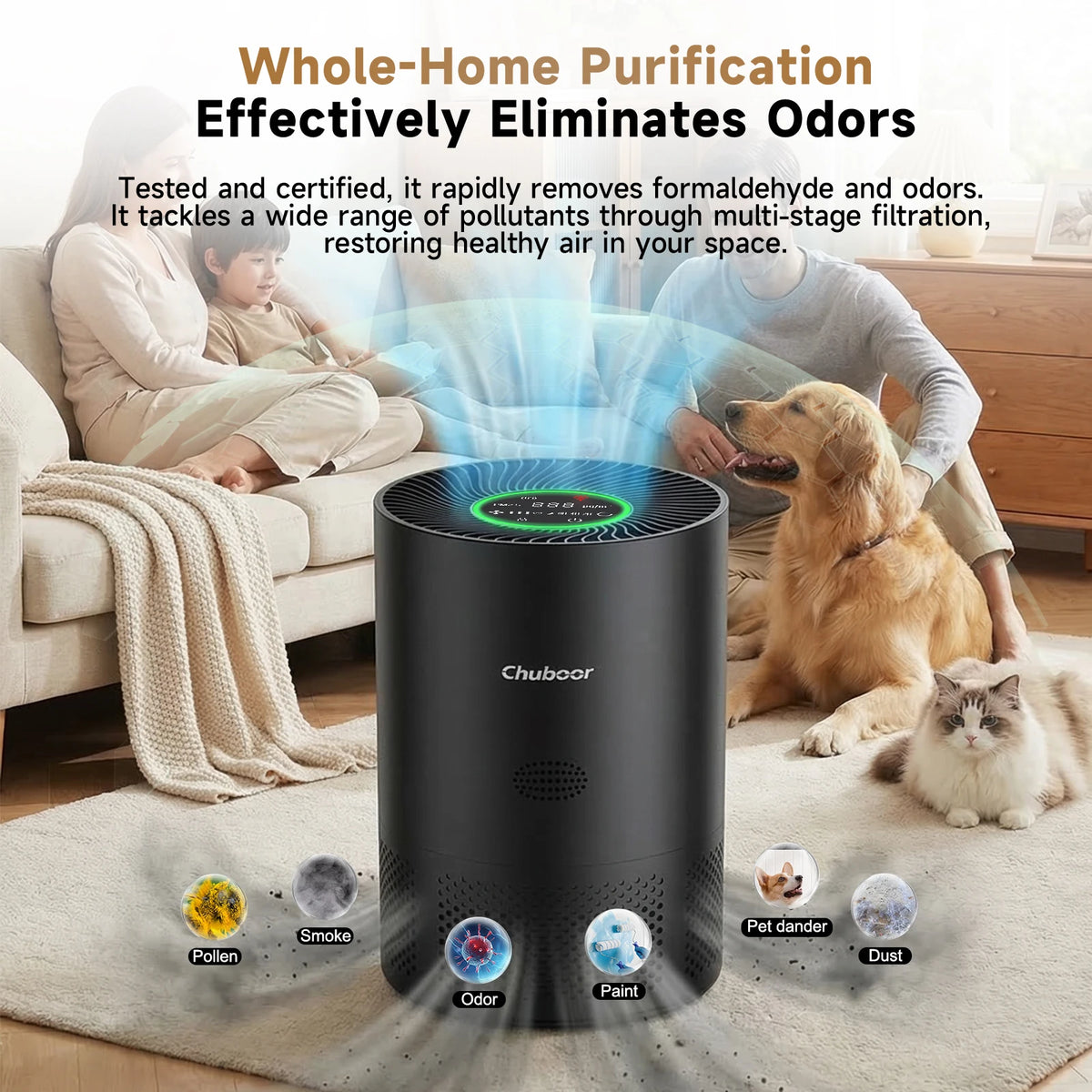 Chuboor Air Purifier for home with H13 true HEPA, PM2.5 detection, Removes Dust Smoke Pet Dander Odor, CADR 185m³/h, suitable for 30-40㎡, washable filter, super quiet, air cleaner for kitchen, office, or bedroom
