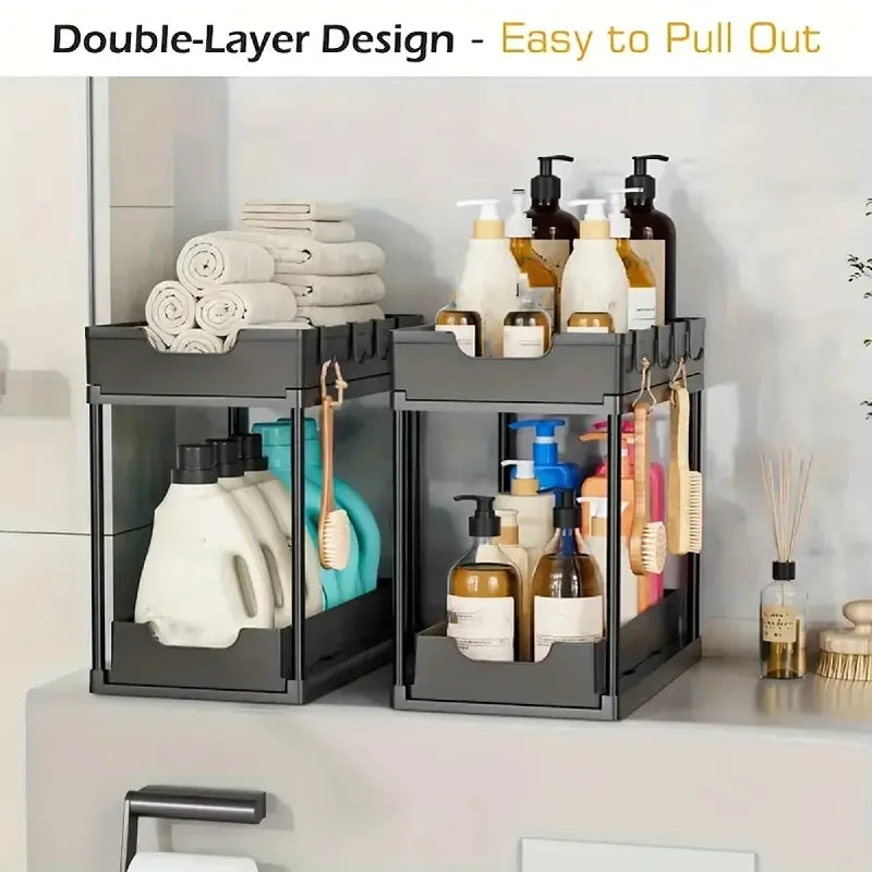 2-Tier Pull Out Under Sink Storage Rack Multifunctional Drawer Organizer Kitchen Bathroom Countertop Cleaning Supplies Storage
