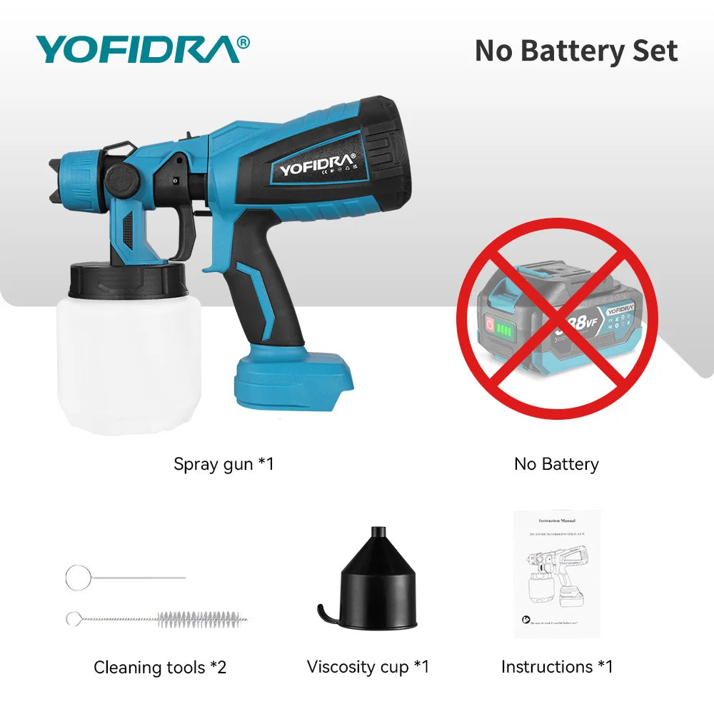 YOFIDRA 1000ML Cordless Electric Spray Gun 55000RPM Handheld Paint Sprayer Auto Coating Airbrush Tool for Makita 18V Battery Pin