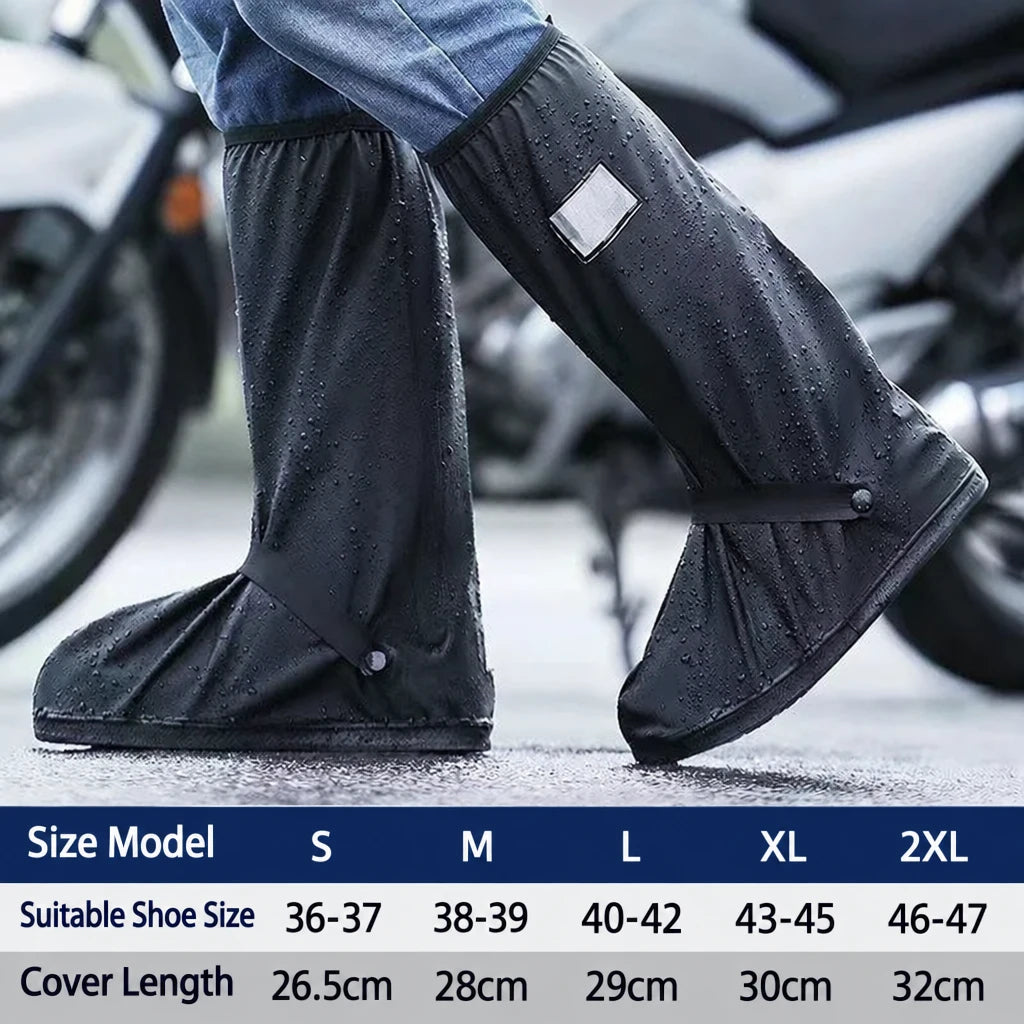 Unisex Reusable Anti-Slip Waterproof High-Tube Rain Boot Covers, Black Dust-Proof Shoe Protectors for Motorcycle and Cycling