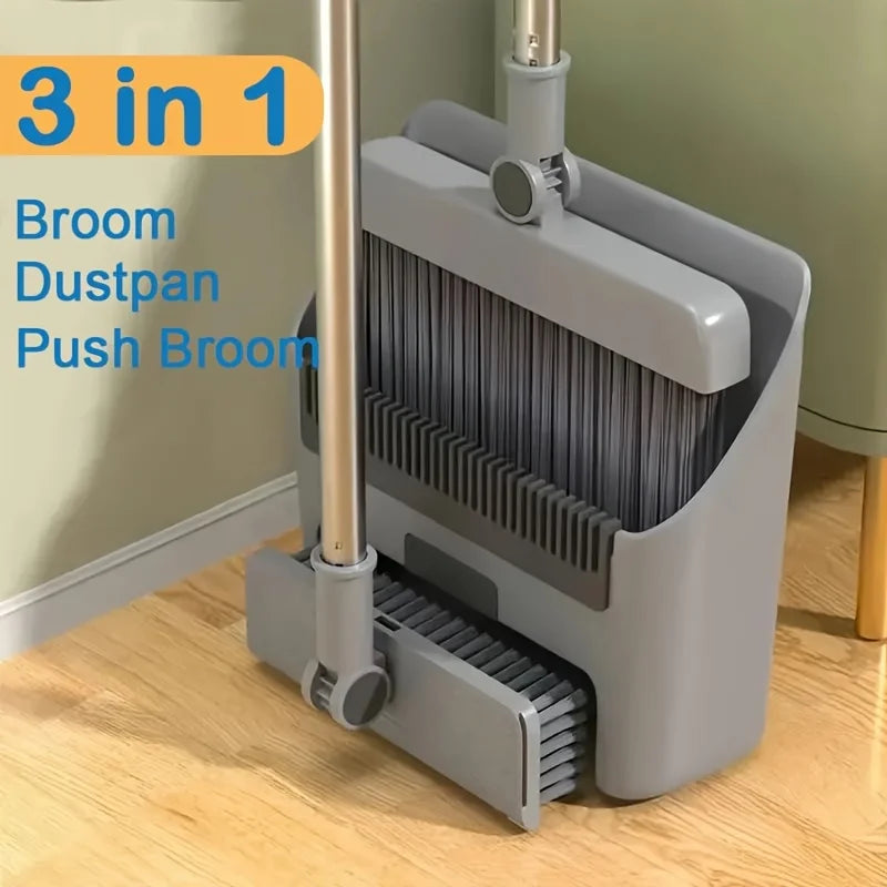 3-in-1 Broom and Dustpan Set Soft Bristles for Hair-Free Long Handle for Effortless Cleaning Compact Storage for Home Office